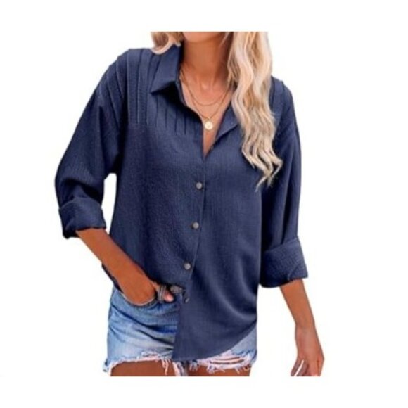Hotouch Long Sleeve Button Up Shirt Womens Large Blue New - Picture 1 of 11